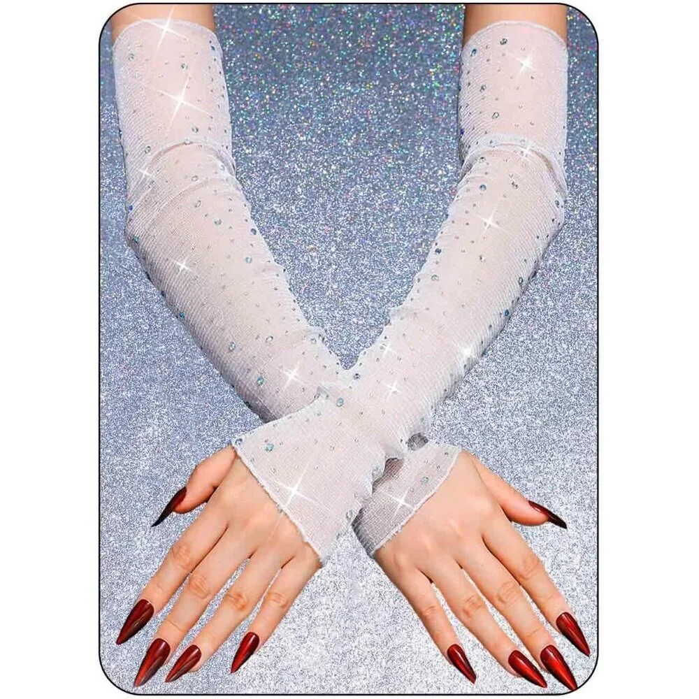 Women's Sparkly Rhinestone White Long Sleeves Fingerless Elbow Length Gloves